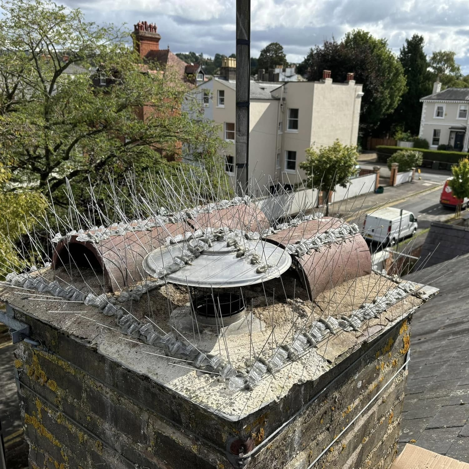 Bird proofing on a chimney, including bird spikes