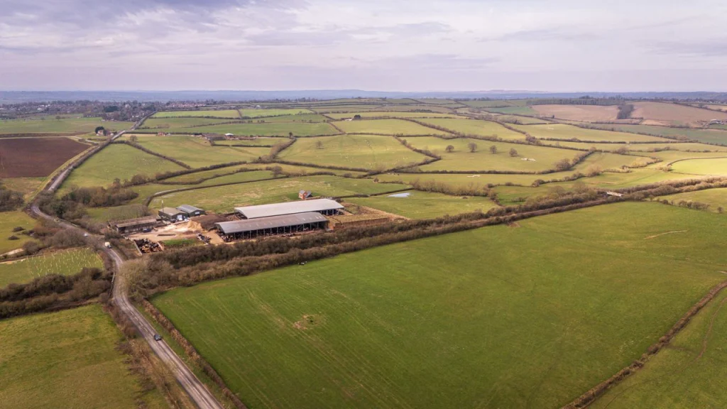 An aerial view of a farm